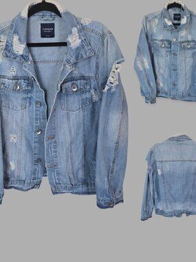 Cavalini Denim Jean Distressed Casual Truckers Med Wash Jacket Womens Large